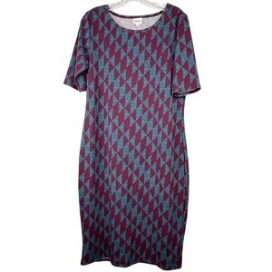 LuLaRoe "Julia" sz‎ L Dress Burgundy Teal Diamond Geometric Print Knit Casual